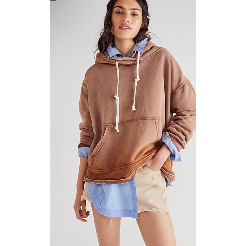Free People We The Free Zuma Hoodie Sweatshirt Washed Brown Large Distressed